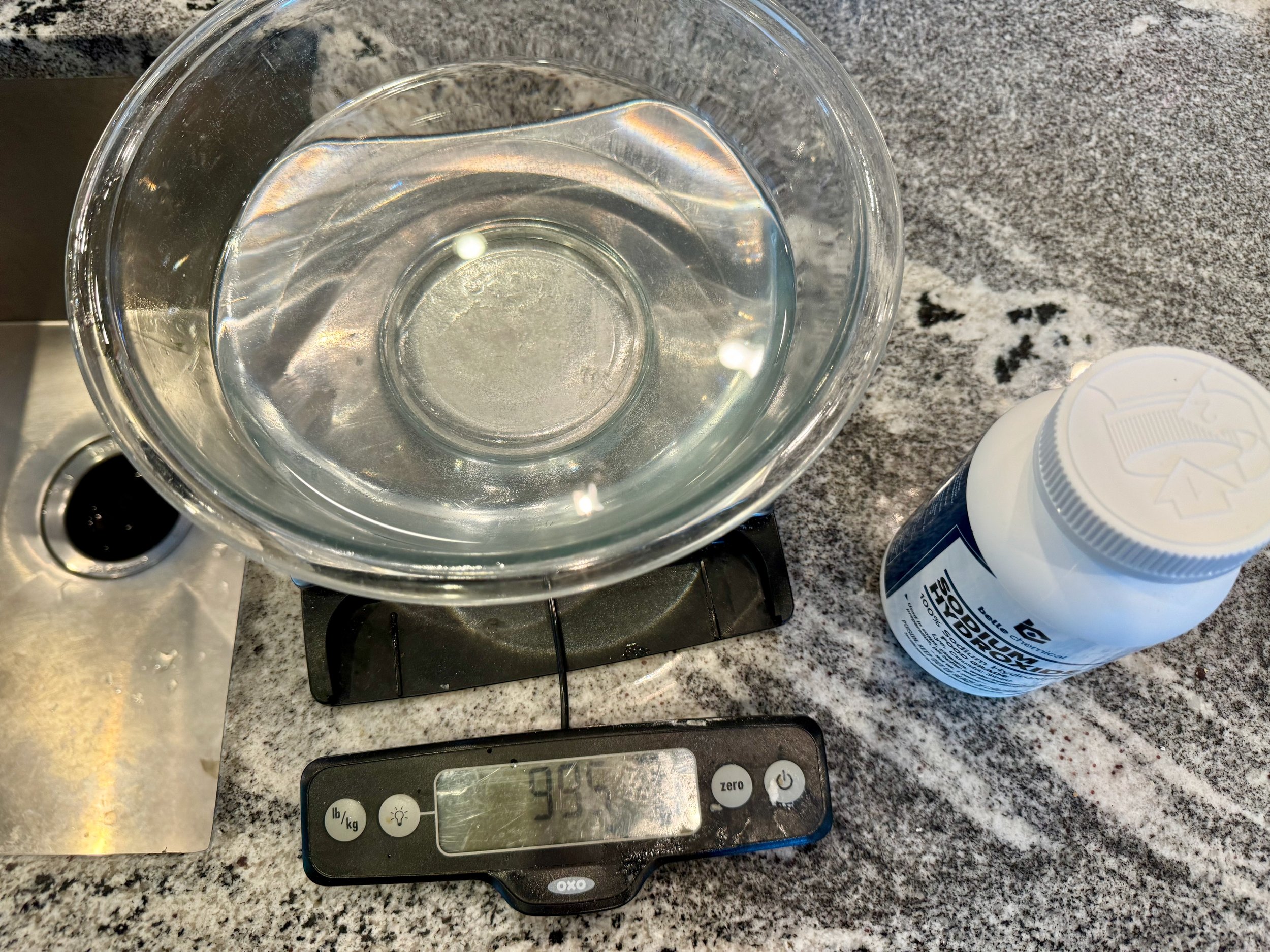 A 3.5% lye solution involves adding 3.5 gm of lye (sodium hydroxide) to about a liter of water. Food-grade lye can be purchased from Amazon.